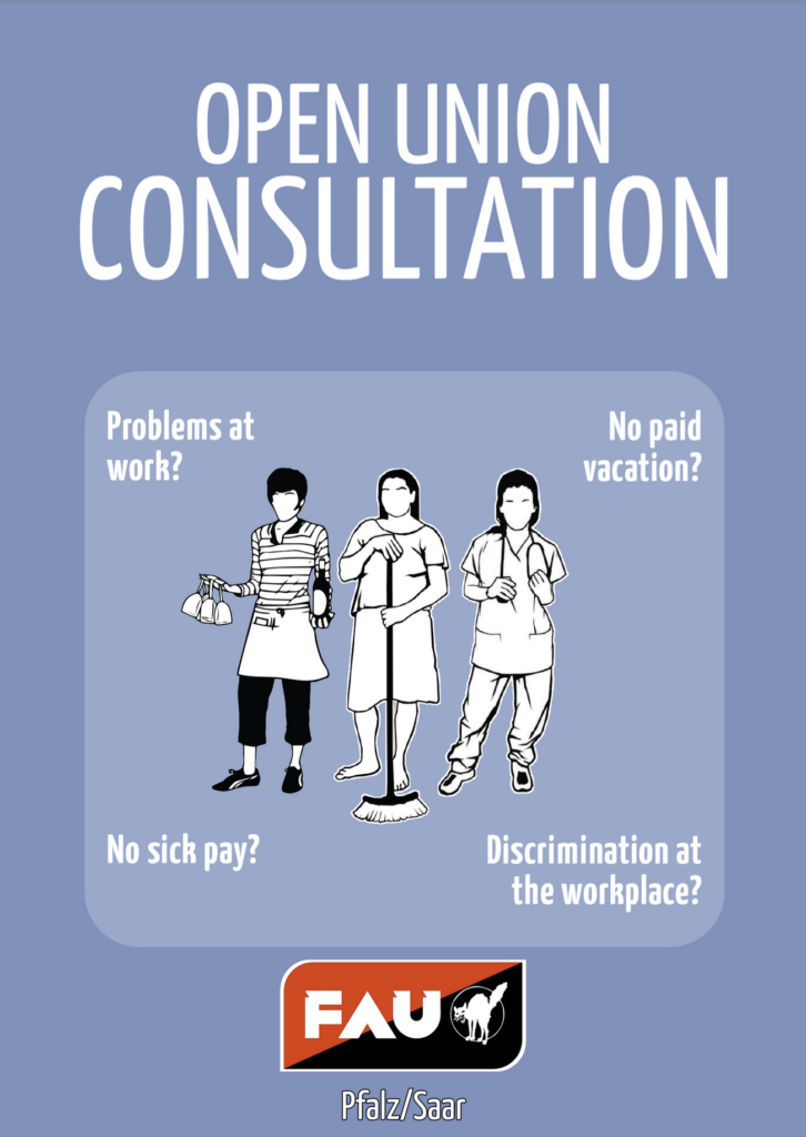 Three workers from gastonomy, cleaning and care in the middle surrounded by the text:

Problems at work?

Didn't get your salary?

Questions about your employment contract?

Interested in organizing with your colleagues but not sure how?

Feel free to write us and we arrange a personal consultation appointment with you!
